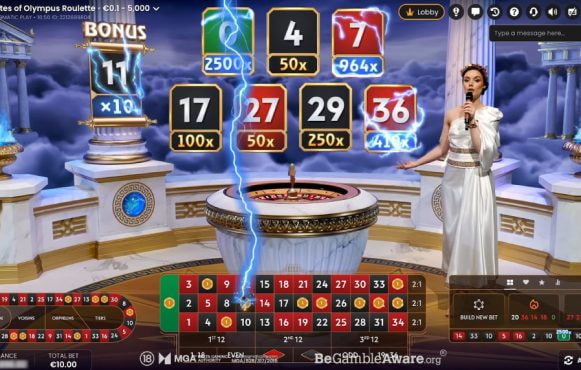 Screenshot fra den Nye Gates of Olympus Roulette Live af Pragmatic Play