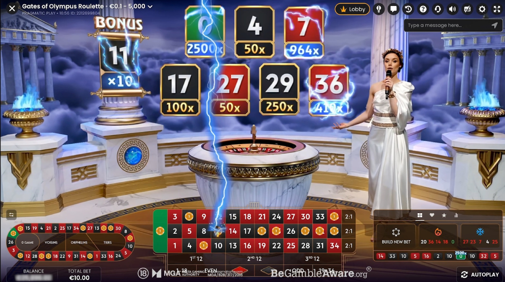 Screenshot fra den Nye Gates of Olympus Roulette Live af Pragmatic Play