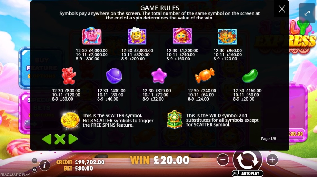 Screenshot af udbetalingstabellen i Jelly Express