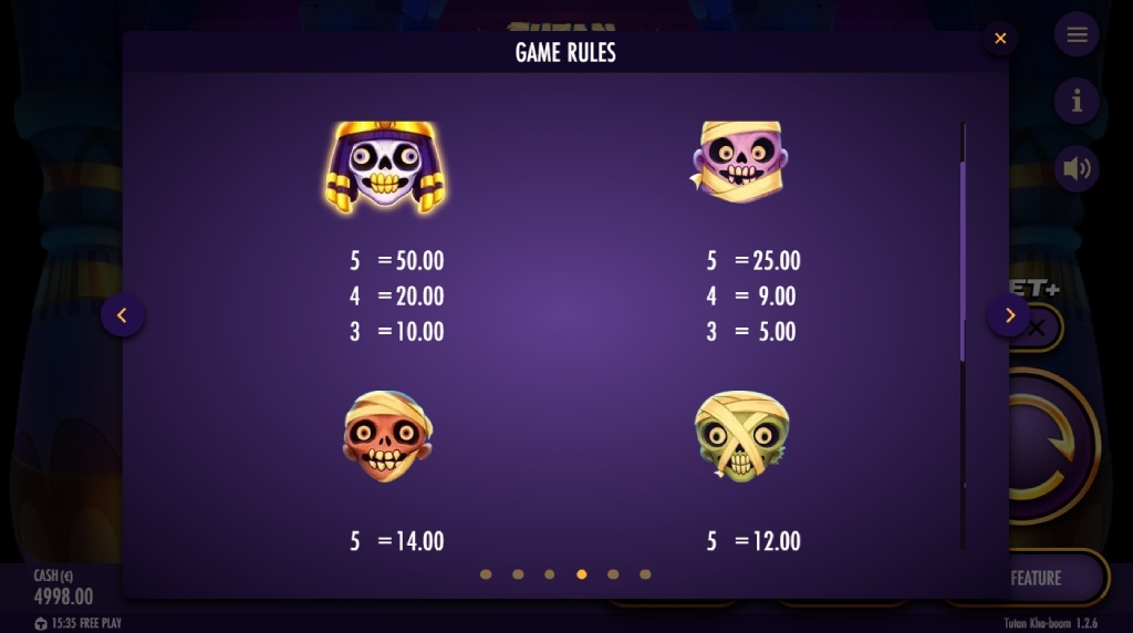 Screenshot af udbetalingstabellen i Tutan Kha-boom