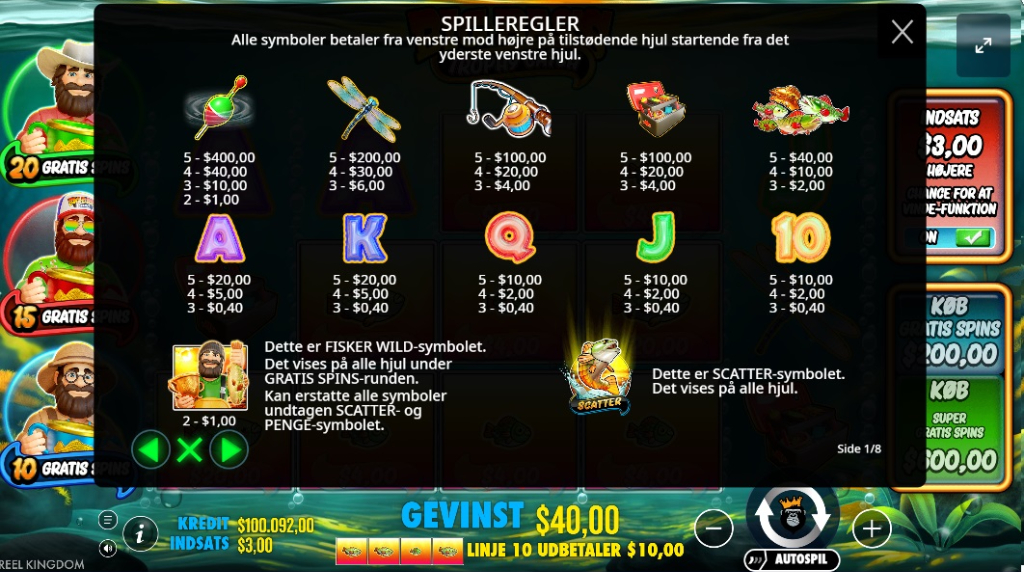 Screenshot af udbetalingstabellen i Big Bass Trophy Catch