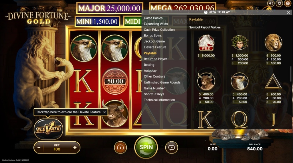 Screenshot af udbetalingstabellen i Divine Fortune Gold