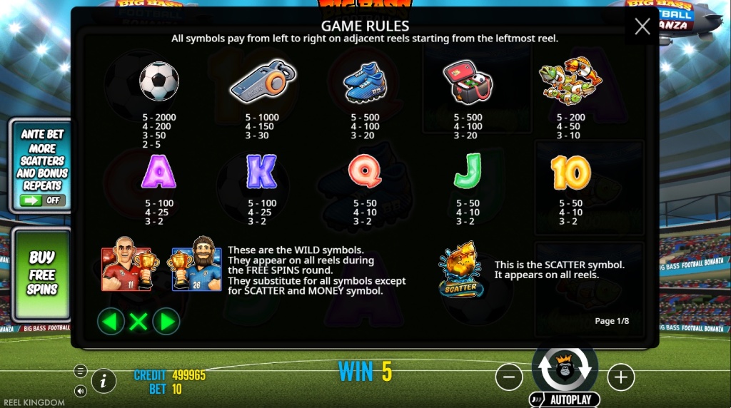 Screenshot af udbetalingstabellen i Big Bass Football Bonanza