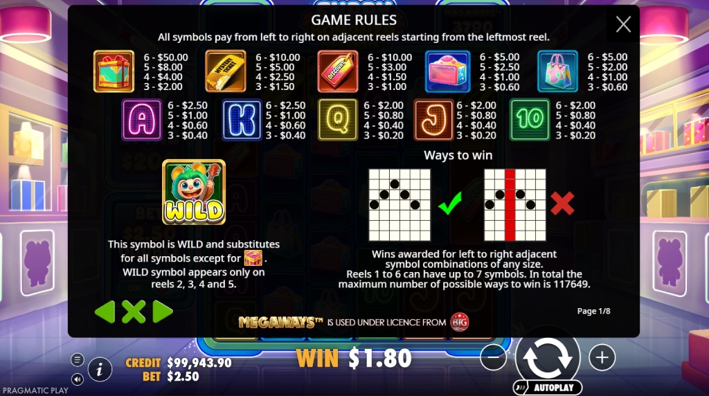 Screenshot af udbetalingstabellen i Furry Bonanza Megaways