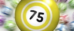 A large bingo ball marked with the number 75.