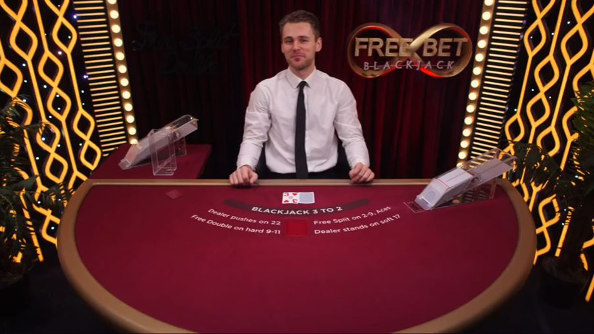 Una schermata del gioco live Free Bet Blackjack di Evolution