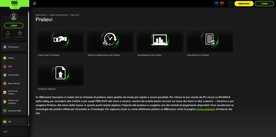 La sezione prelievi di 888casino