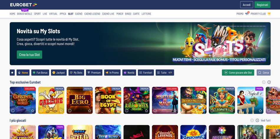 La pagina principale di Eurobet