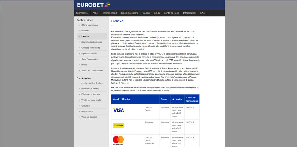 La sezione prelievi di Eurobet