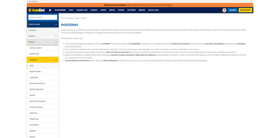 I parametri per Postepay su GoldBet