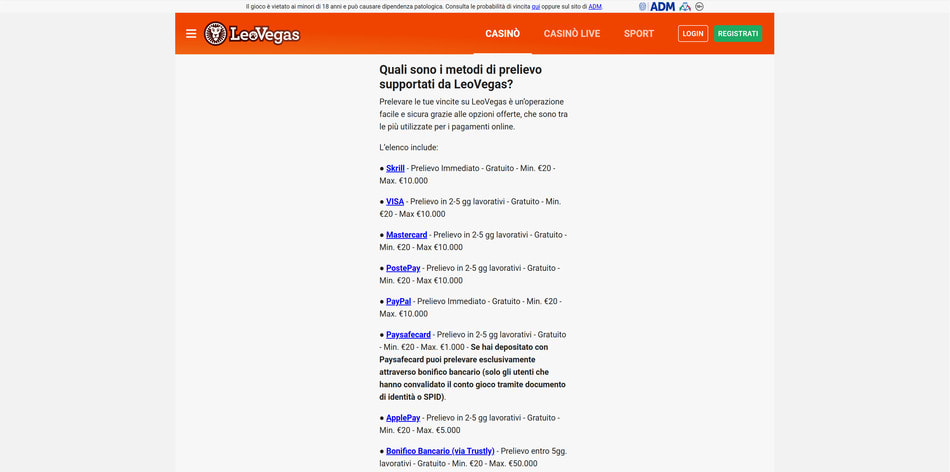 I prelievi su LeoVegas