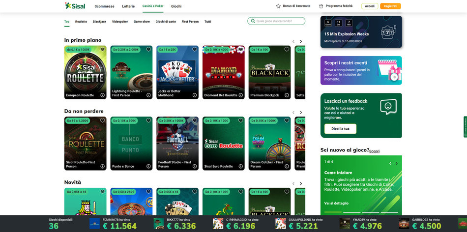 La pagina casinò e poker su Sisal