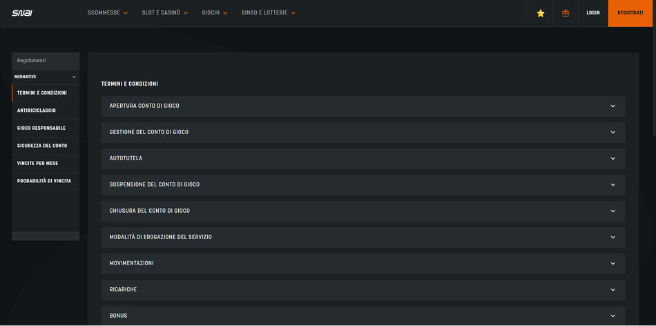 La sezione con termini e condizioni di SNAI