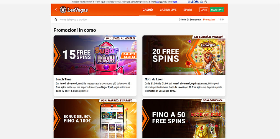 La pagina con i bonus del casinò di LeoVegas