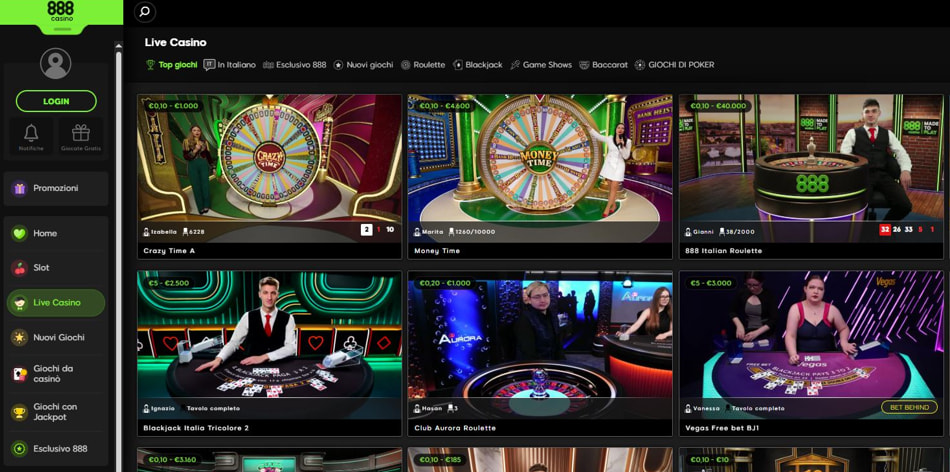 La pagina del casinò dal vivo di 888casino.