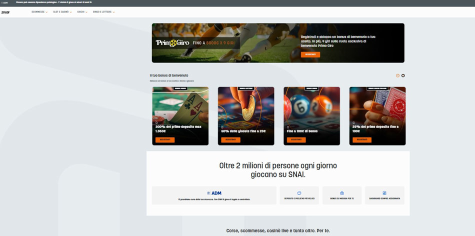 La home page di SNAI con alcune promozioni in evidenza