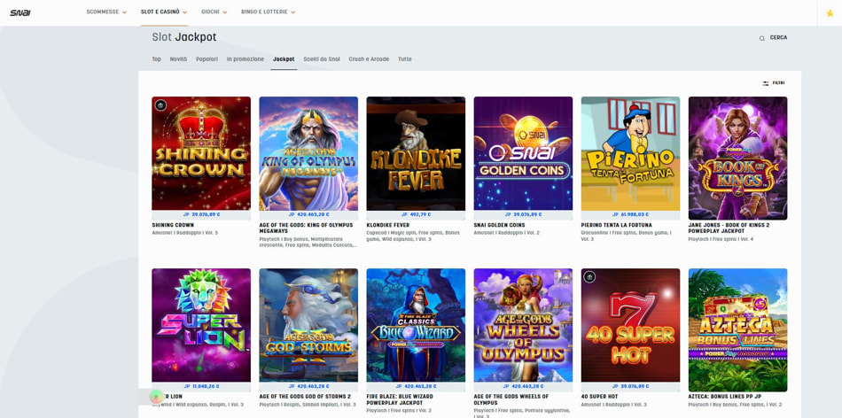 Alcune delle slot jackpot sul casinò online SNAI