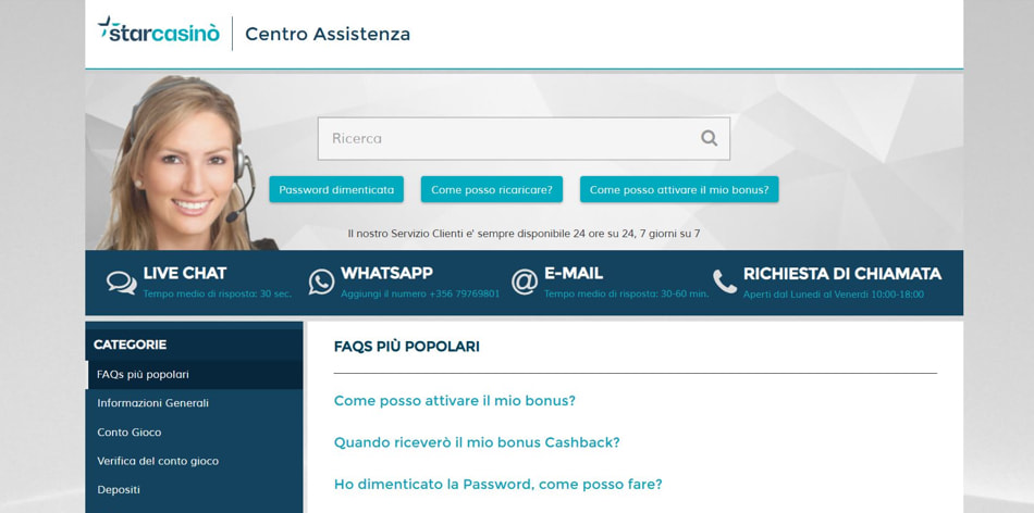 La pagina del sito per contattare il servizio clienti di StarCasinò