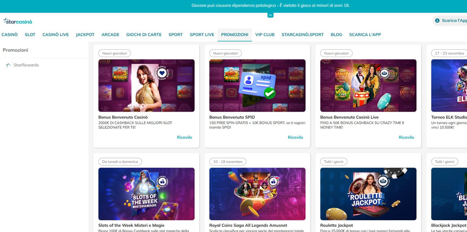 La sezione di bonus e delle promozioni di StarCasinò.