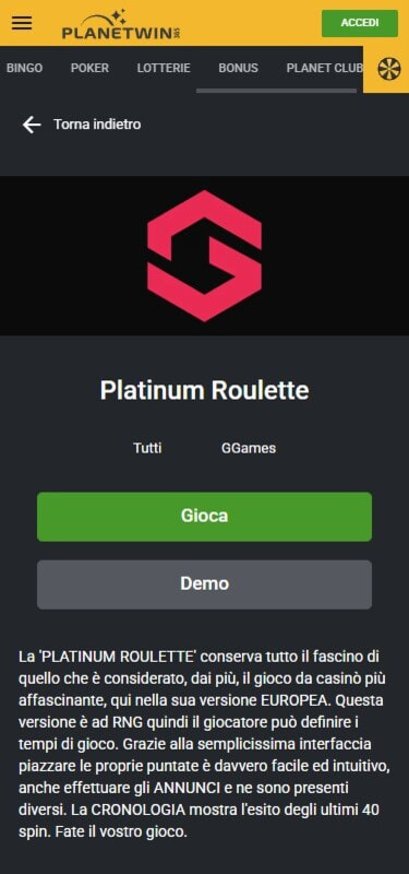 Demo di Platinum Roulette di GGames su Planetwin365