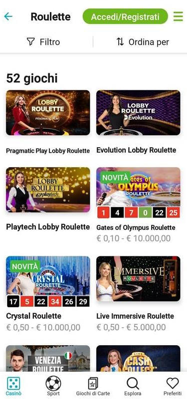 La sezione roulette del casinò live di StarCasinò