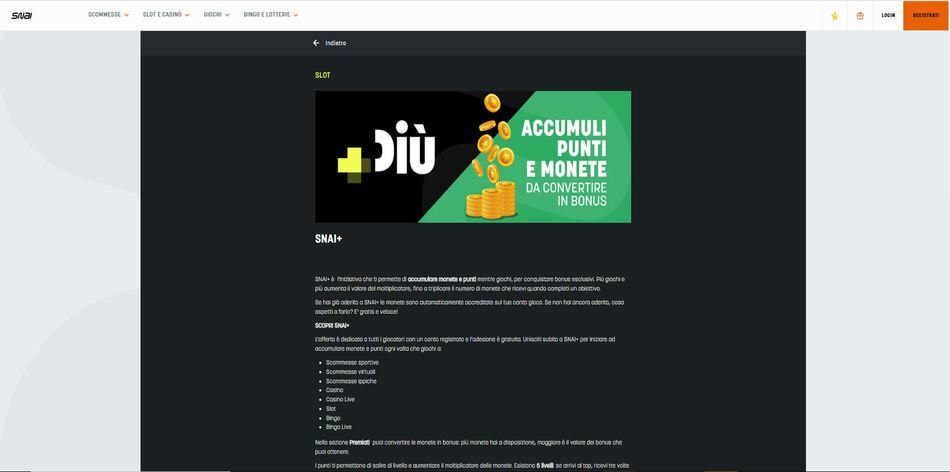 La pagina che descrive il programma fedeltà SNAI+