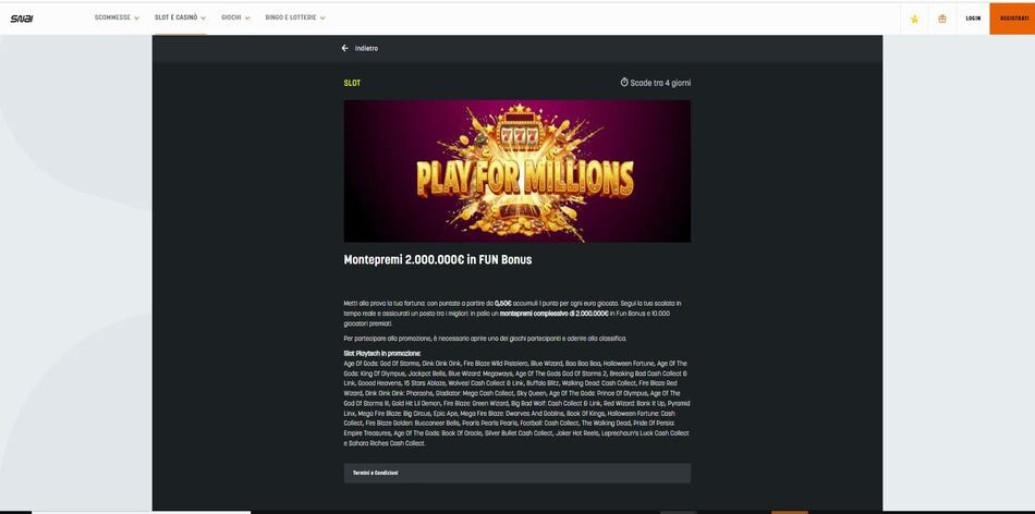 La pagina della promo Play for Millions di SNAI