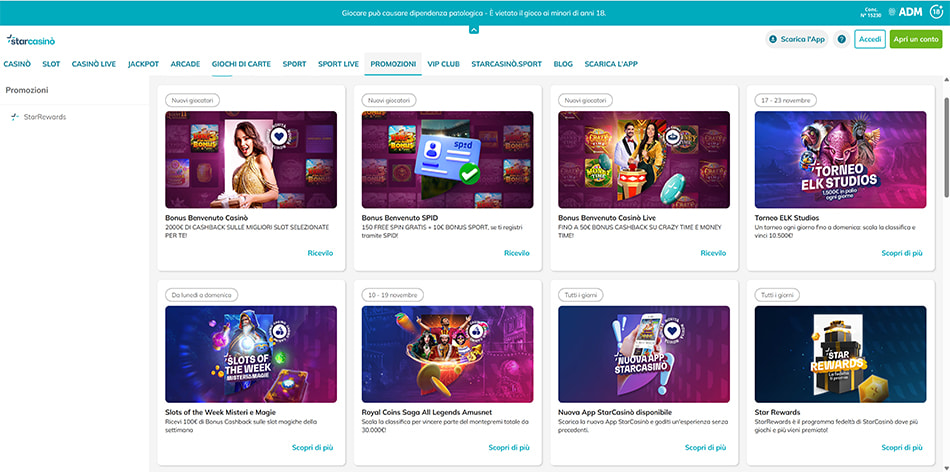 La pagina con i bonus e le promozioni di StarCasinò