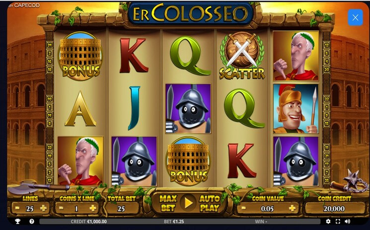 Partita alla slot Er Colosseo di Capecod, con simboli Bonus e Scatter e le 25 linee di pagamento.