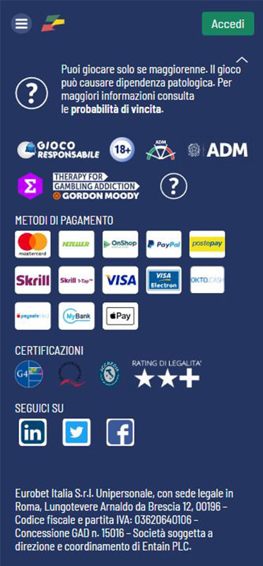 Il bollino della licenza ADM sulla homepage del casinò online Eurobet