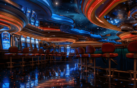 Casino futuristico con luci colorate, soffitto stellato e slot machine