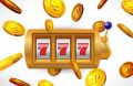 Slot dorata con jackpot 777 e monete d’oro cadenti.