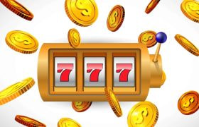 Slot dorata con jackpot 777 e monete d’oro cadenti.