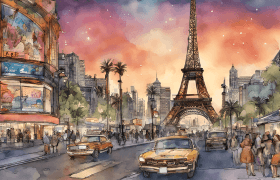 Riproduzione Las Vegas al tramonto, tra luci, taxi e romanticismo rétro.