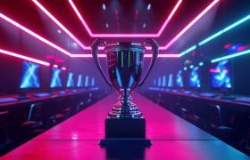 Trofeo brillante al centro di una sala eSports futuristica.