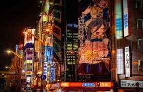 Strada di Akihabara illuminata da insegne anime e negozi