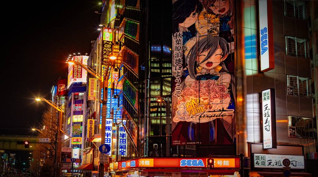 Strada di Akihabara illuminata da insegne anime e negozi