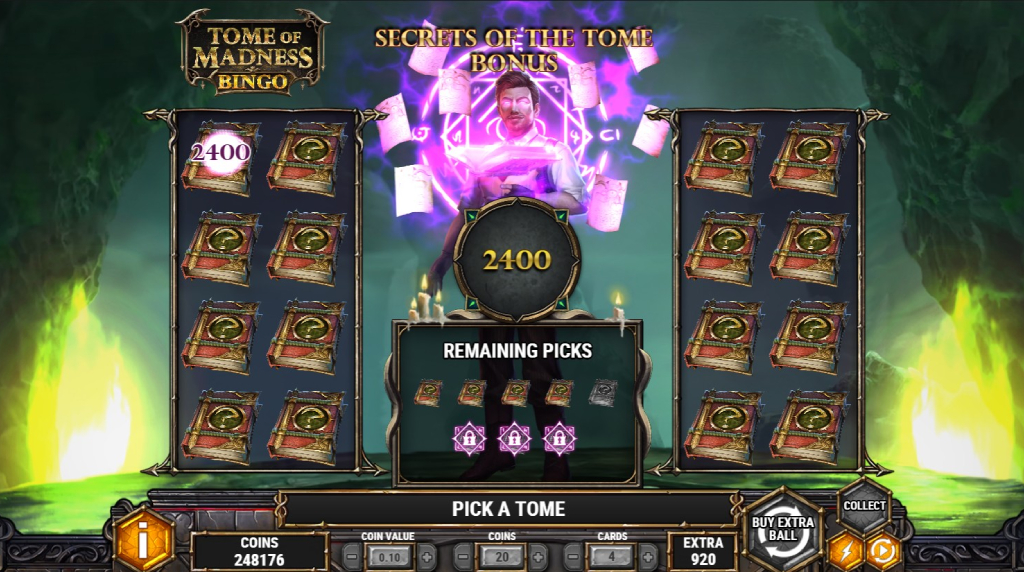 Screenshot della funzione Secrets of the Tome di Tome of Madness Bingo