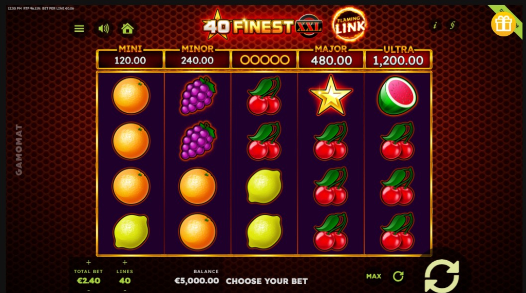 Screenshot della nuova slot 40 Finest XXL Flaming Link di Gamomat