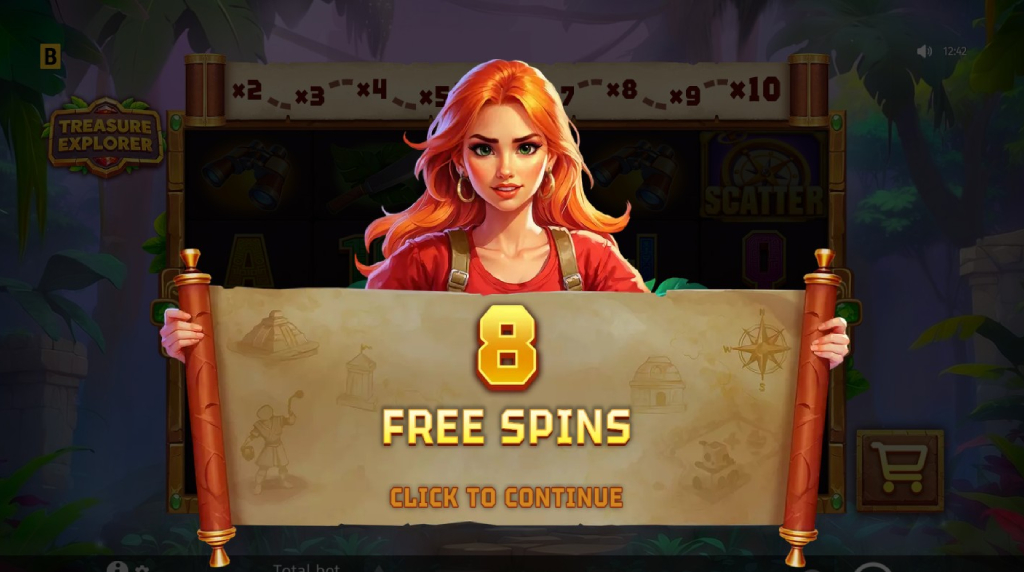 Screenshot della funzione round free spins con moltiplicatore 10x di Treasure Explorer
