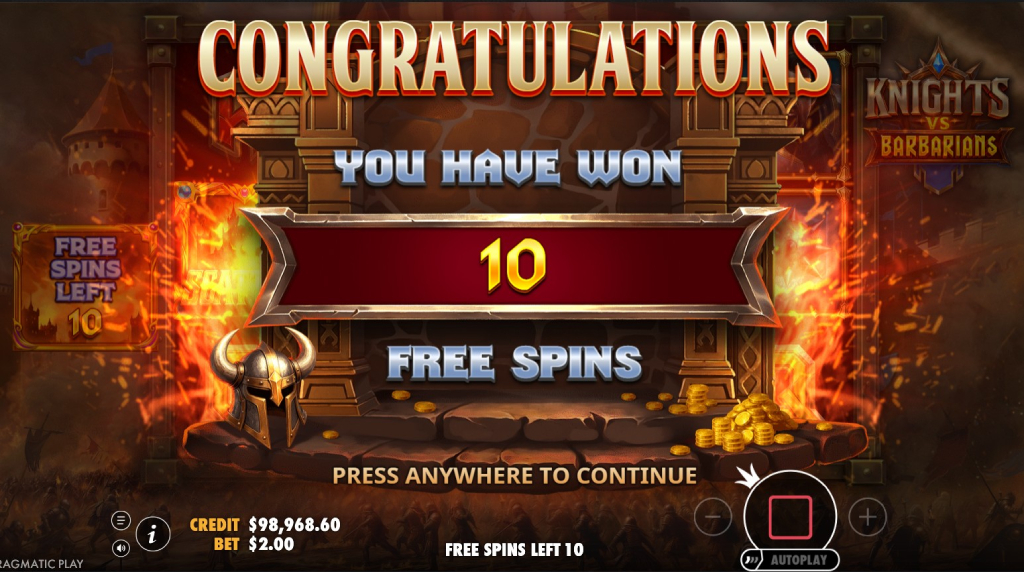 Screenshot della funzione Super Free Spins di Knights vs Barbarians