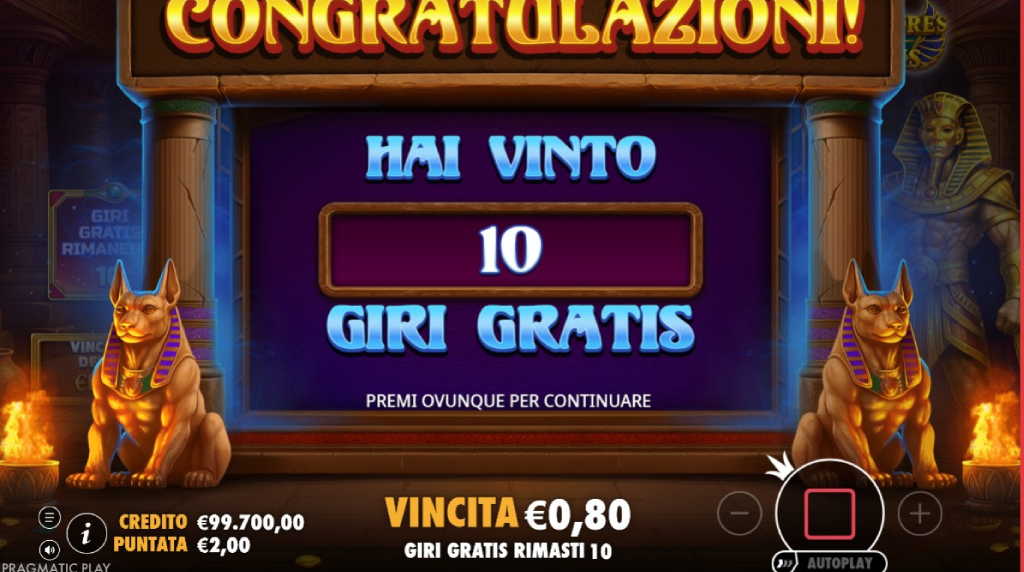 Screenshot della funzione giri gratis su Treasures of Osiris