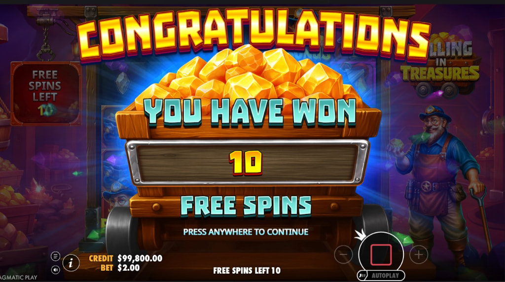 Screenshot della funzione free spins su Rolling in Treasures