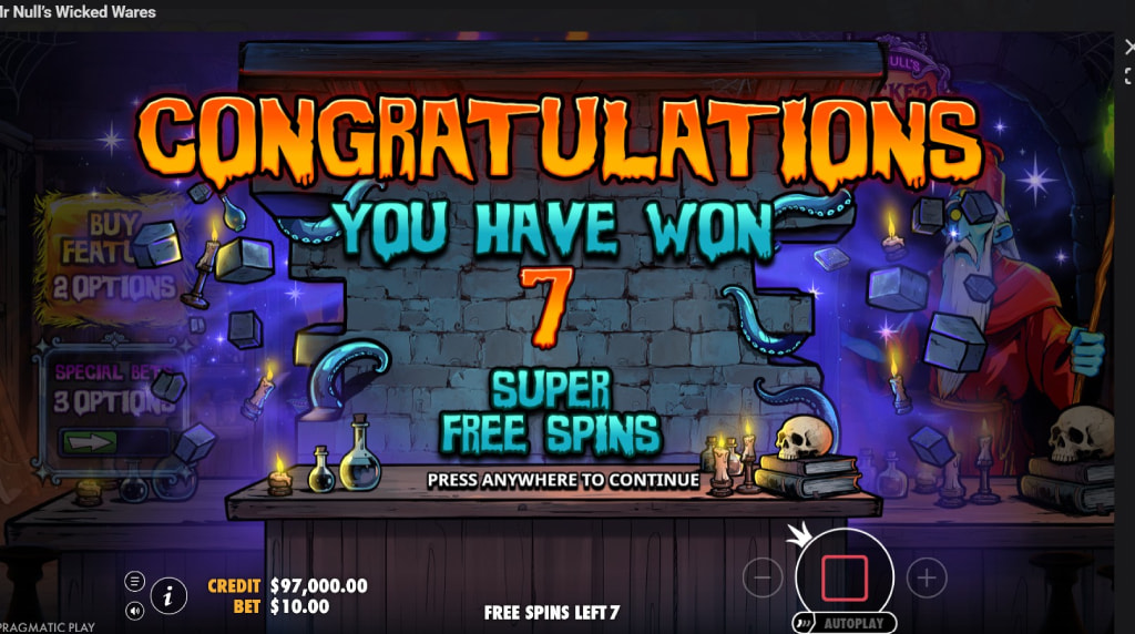 Screenshot della funzione Super Free Spins di Mr Null’s Wicked Wares