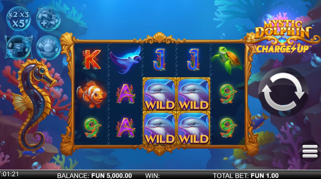Screenshot della nuova slot Mystic Dolphin Charge Up di ReelPlay