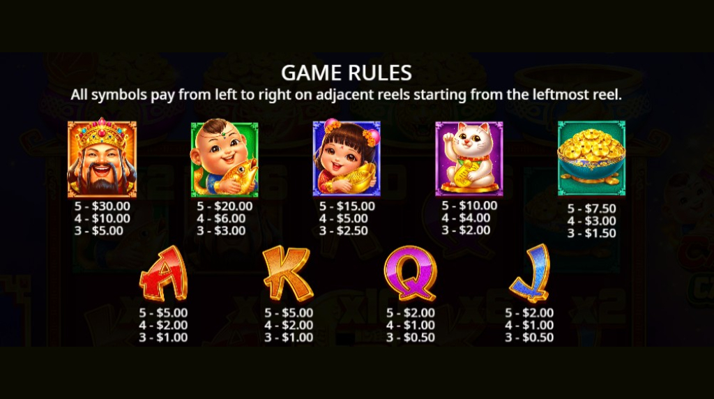 Screenshot della tabella dei pagamenti di Caishen’s Cash Pots
