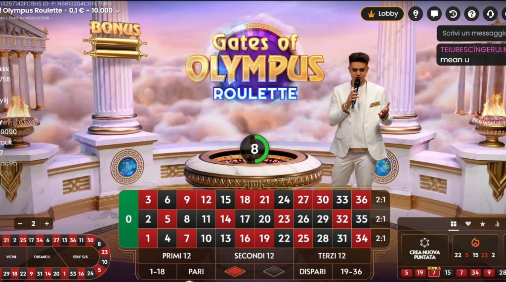 Screenshot della roulette live Gates of Olympus Roulette di Pragmatic Play
