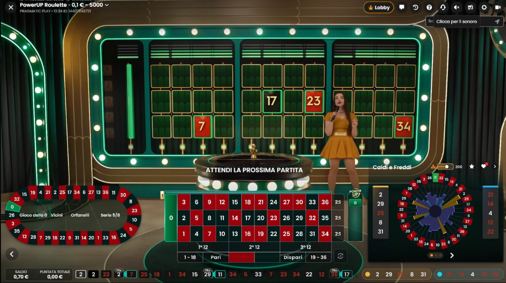 Screenshot della roulette live PowerUp Roulette Live di Pragmatic Play