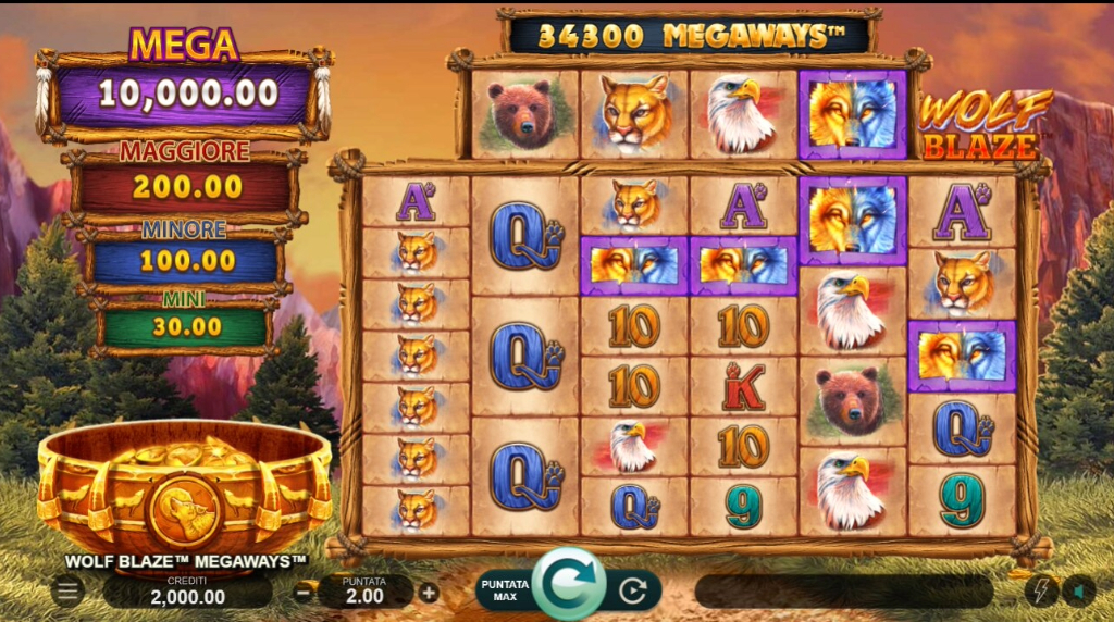 Screenshot della schermata di gioco di Wolf Blaze Megaways di Games Global