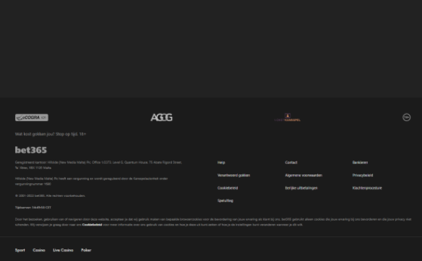 De footer van de bet365 website met het logo van de keuringsinstantie eCOGRA